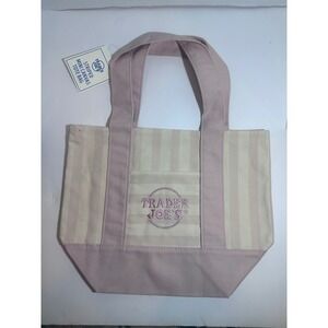 Trader Joes Striped Mini Canvas Tote Bag Pink Reusable Grocery Handbag NWT